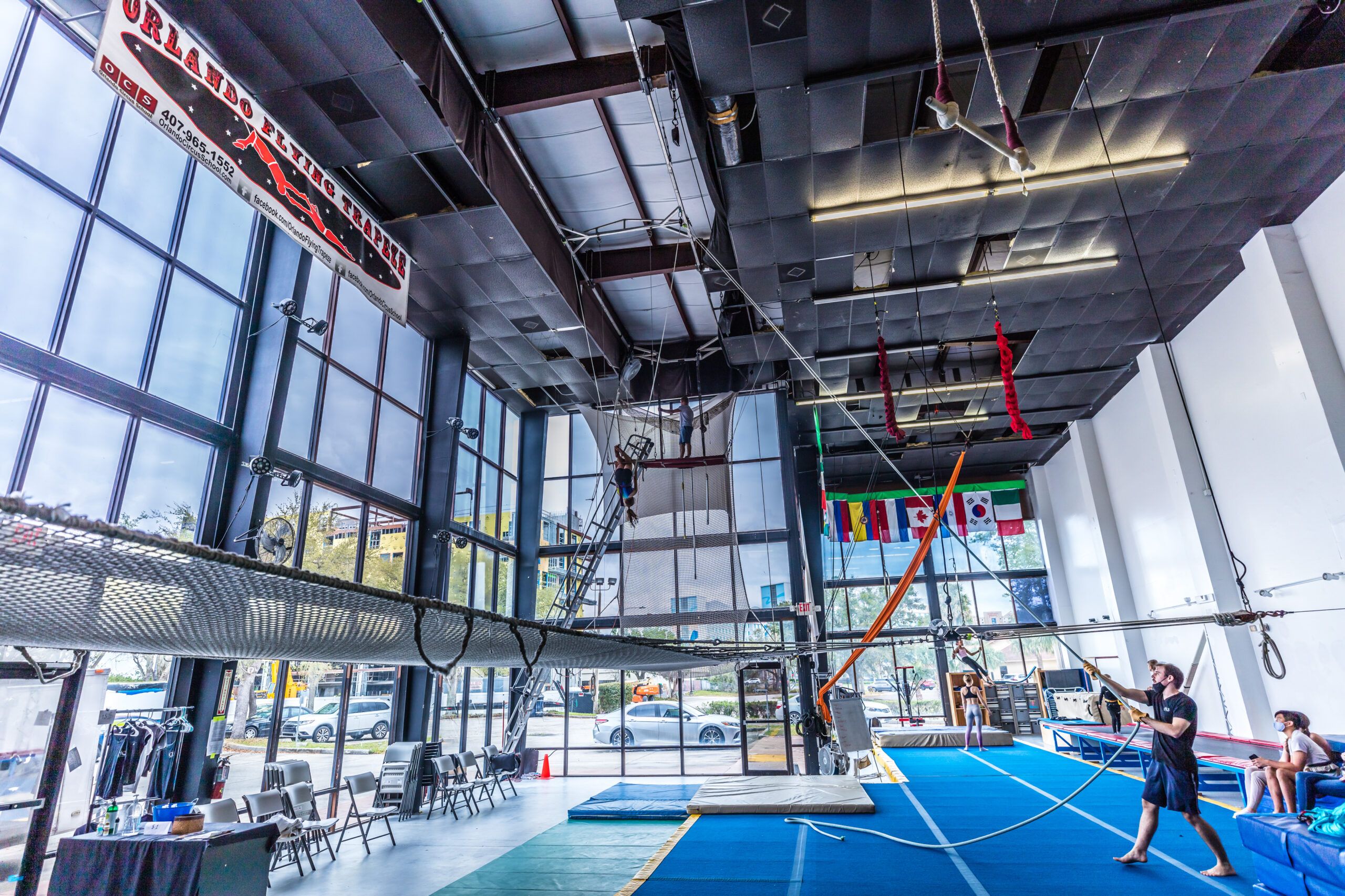The Orlando Circus School studio with trampolines and rigging